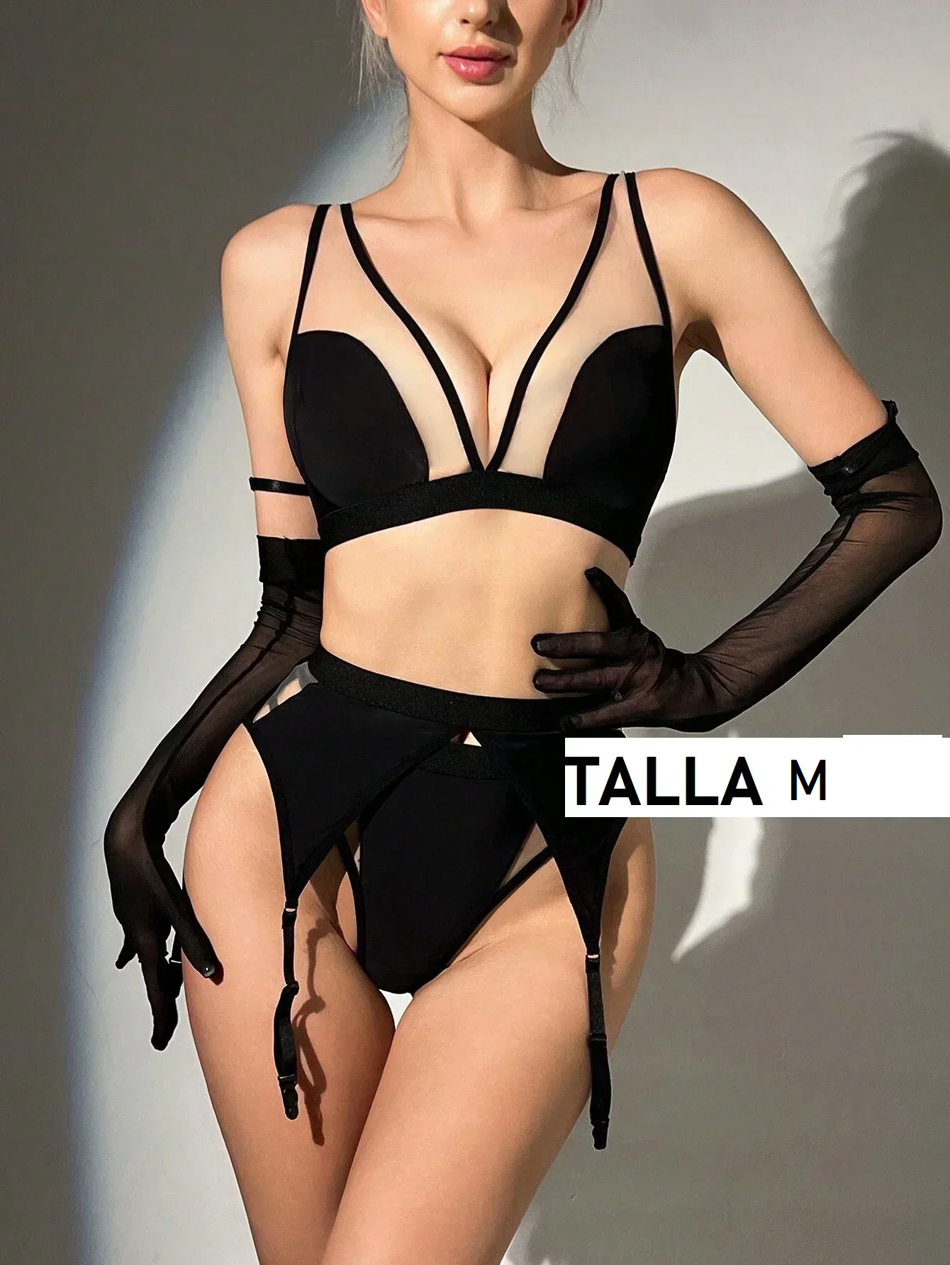 Lencería de Nylon 463 Set en nylon negro 081002 con medias