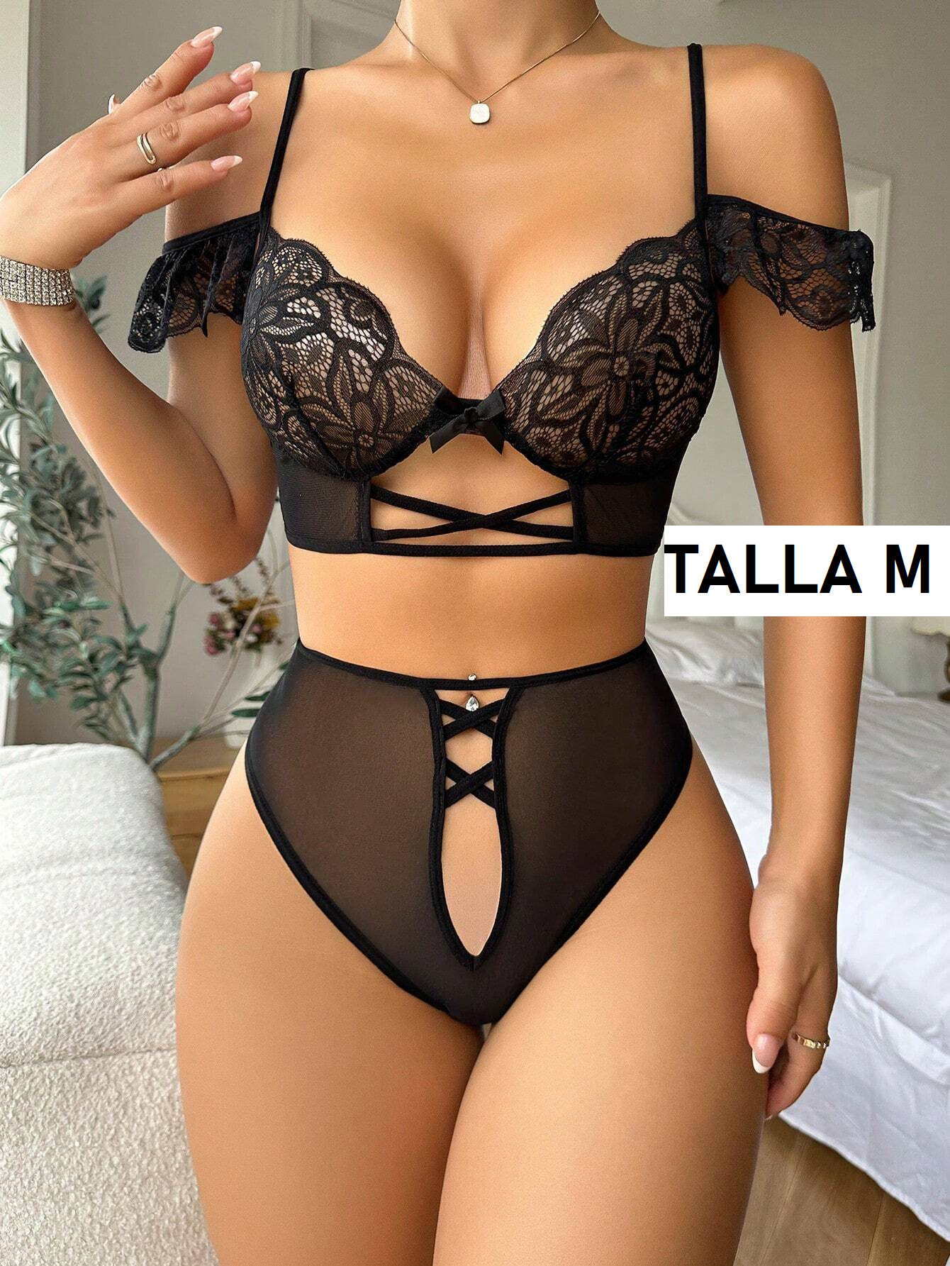 Conjunto en encaje negro sin varilla 211101