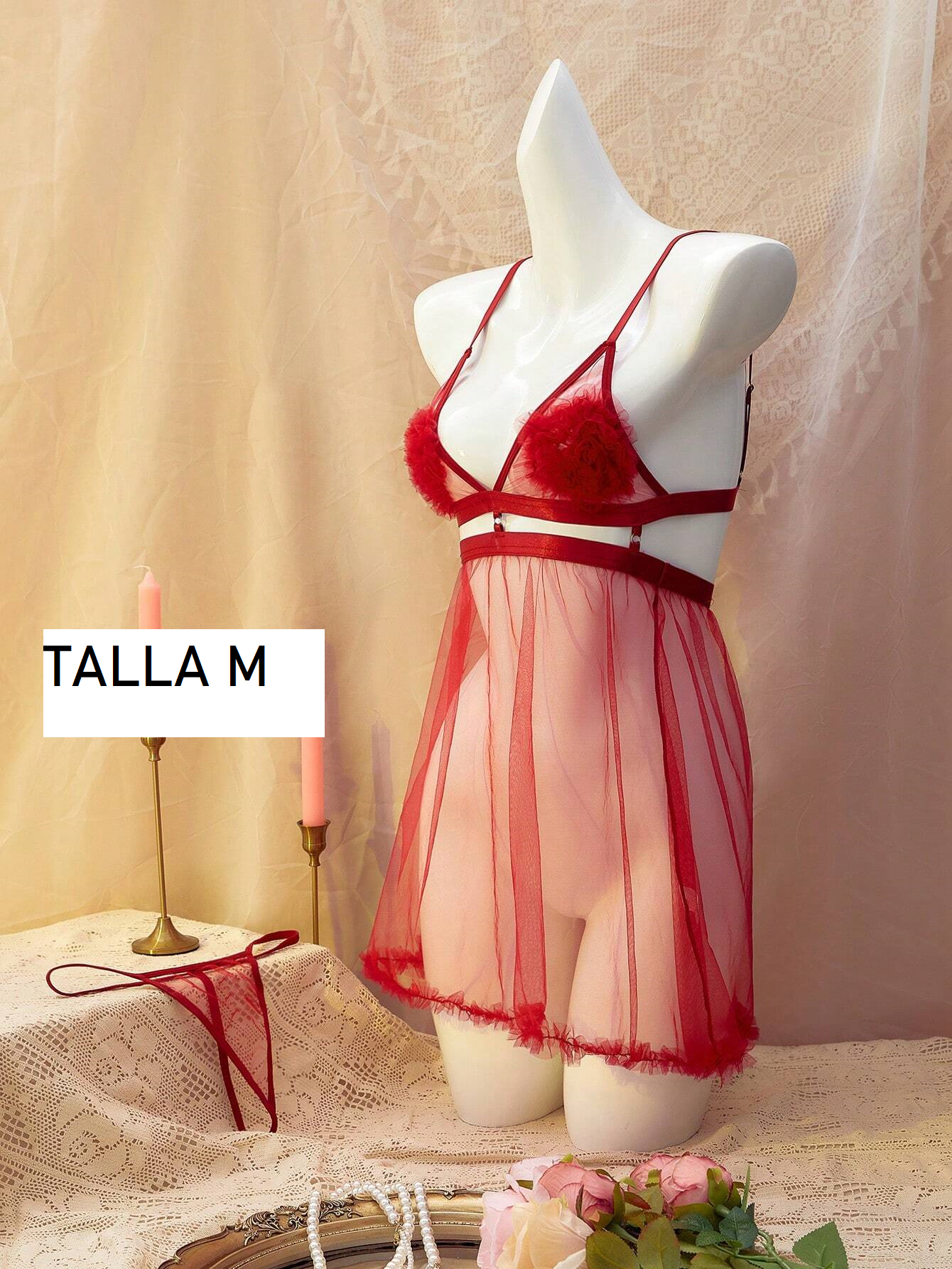 Lencería de Nylon 313 Babydoll con panty roja 300905