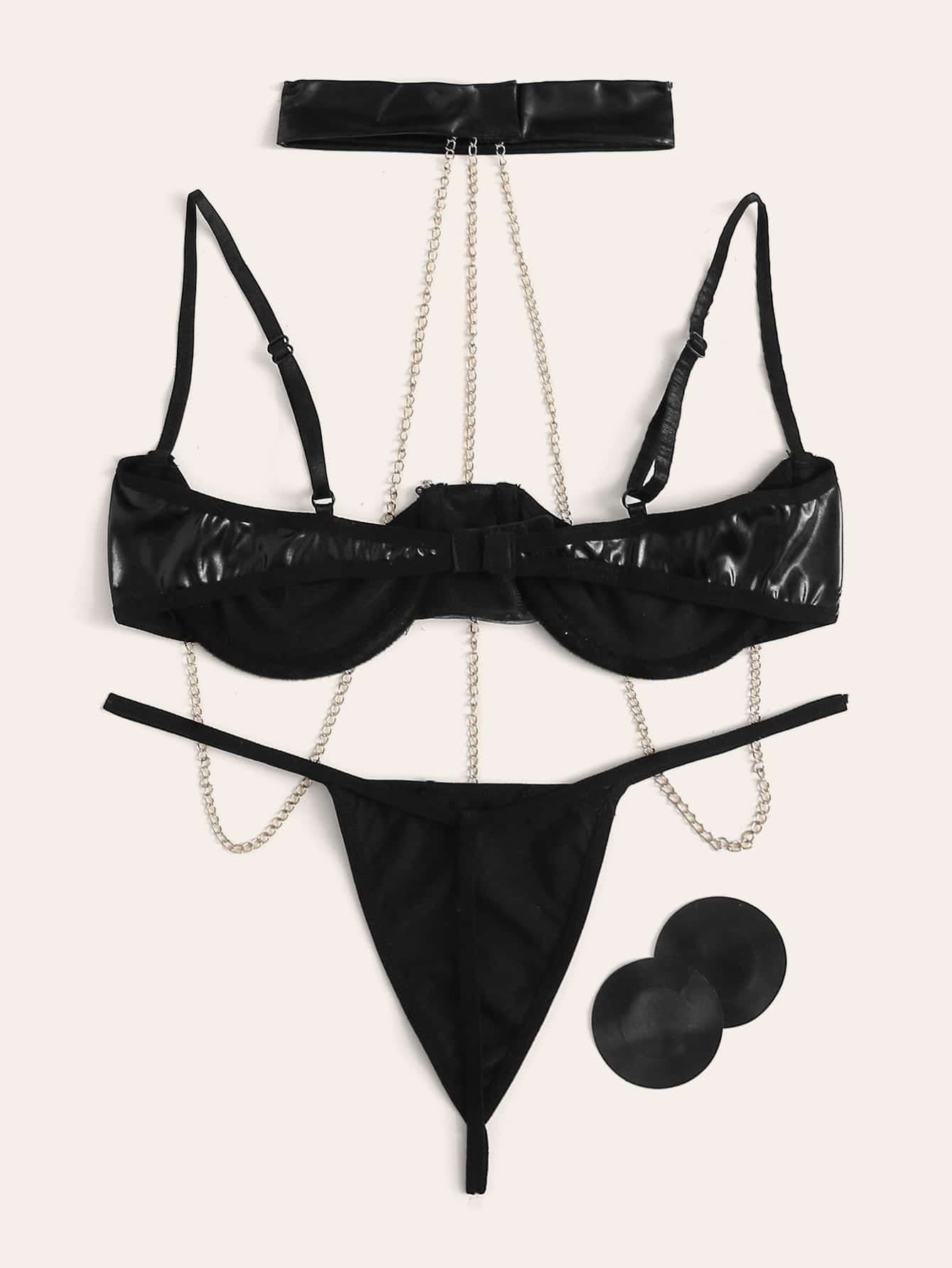 Lencería de Nylon 122 Conjunto negro en cadenas 081208