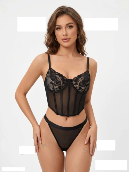 Conjunto en encaje negro con panty 33471